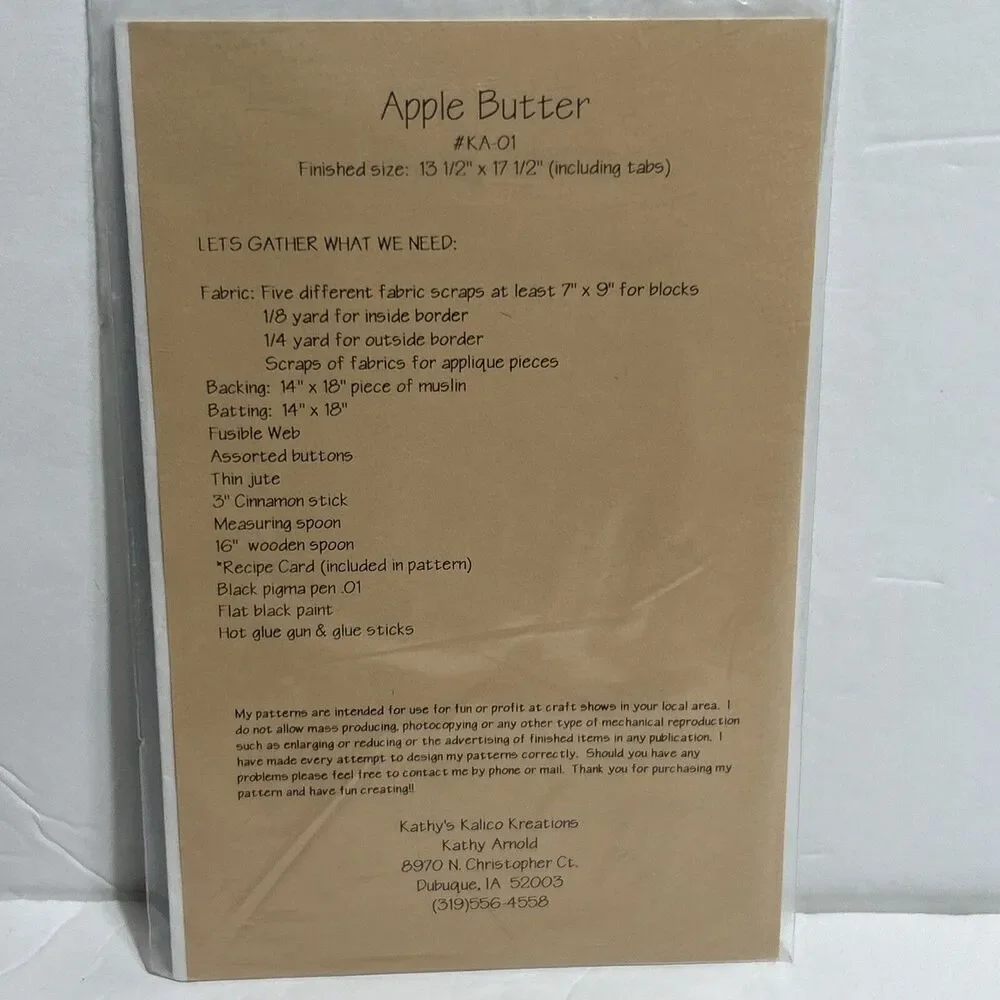 Kathy's Kalico Kreations Apple Butter #KA-01 NEW Vintage Sewing Pattern